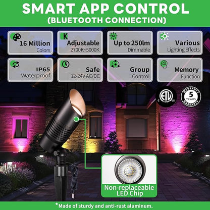 Smart Outdoor Landscape Spotlights Color Change - 12V Multicolored LED Spot Lights Hard-Wired Waterproof, Low Voltage Uplighting Using App, Aluminum Black for Backyard Fence 8 Pack