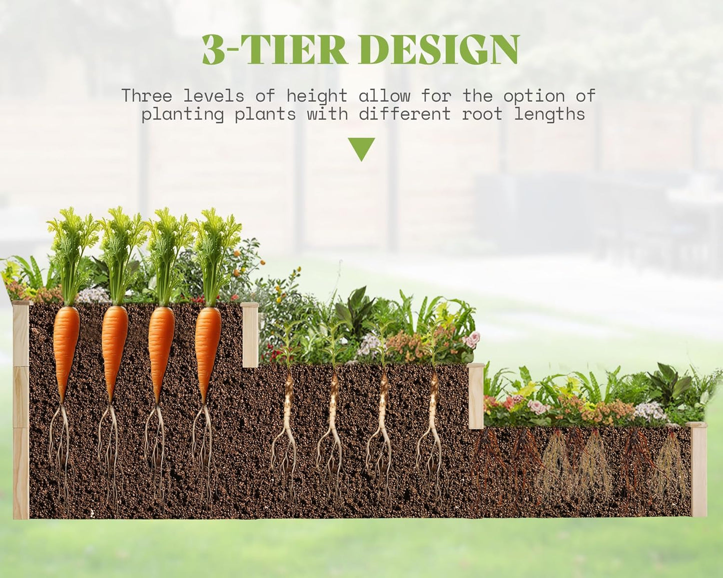 SPECRAFT Raised Garden Bed 3-Tier Outdoor Planter Box, Fir Wood with Dividers, Shape Adjustable, Tool-Free Assembly, Ideal for Growing Vegetables, Herbs & Flowers