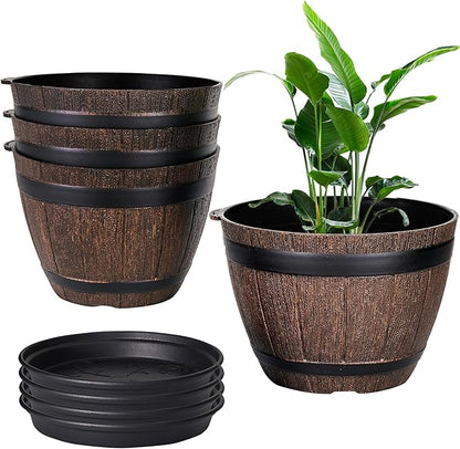 VECELO Plant Pots with Drainage Holes & Saucer, 7.6 Inch Flower Pots with Tray, 4 Pack Plastic Whiskey Barrel Planters for Indoor & Outdoor Garden Home Plants and Flowers
