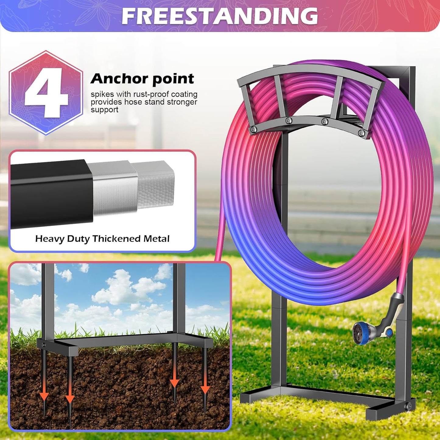 Garden Hose Holder Freestanding, Outdoor Heavy Duty Water Hose Holder Reel with 4 Spikes Holds 150-ft Water Pipe, Detachable Metal Hose Storage Stand Hanger Rack for Outside Yard Lawn Farm, Black
