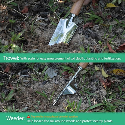 LeMotech Garden Tool Set, 2Pcs Gardening Hand Tools, Stainless Steel Transplant Shovel and Weeder with Handle, Outdoor Gardening Kit for Women Men
