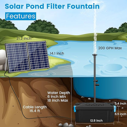 NFESOLAR Solar Pond Filter Pump Kit for Outdoor Pond, 30W Solar Water Fountain with 200 GPH Submersible Pump, 4 Sprayers, 16.4ft Cable, 6.6ft Tubing for Koi Pond, Fish Tank and Garden Water Features