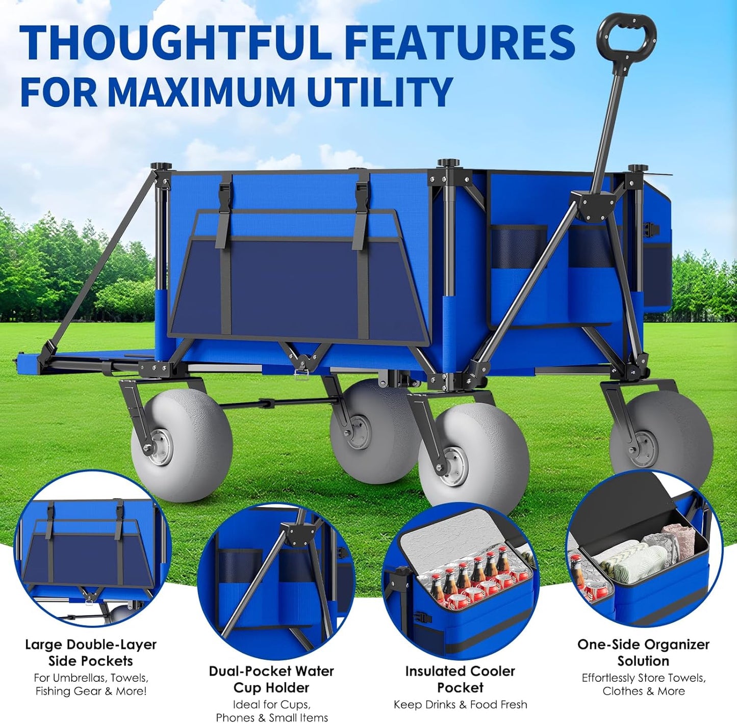 Beach Wagon with Big Wheels for Sand - 450lbs Load Heavy Duty Wagons Carts Foldable with 9" All Terrain Inflatable Tires, Collapsible Beach Cart for Grocery Shopping Garden Sports Camping Outdoor