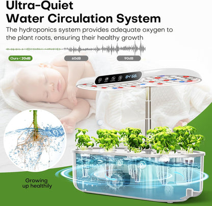 Ahopegarden Hydroponics Growing System with 12 Pods, Indoor Garden Kit with LED Grow Light & LCD Temp Humidity Display, Smart Quiet Pump Planter for Herbs, Lettuce, Vegetables, Kitchen Garden Use