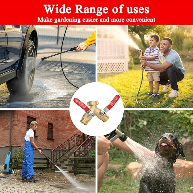 Hose Splitter 2 Way Brass Garden Hose Splitter with Stainless Steel Long Handle Y Valve Water Hose Adapter 3/4" GHT Thread