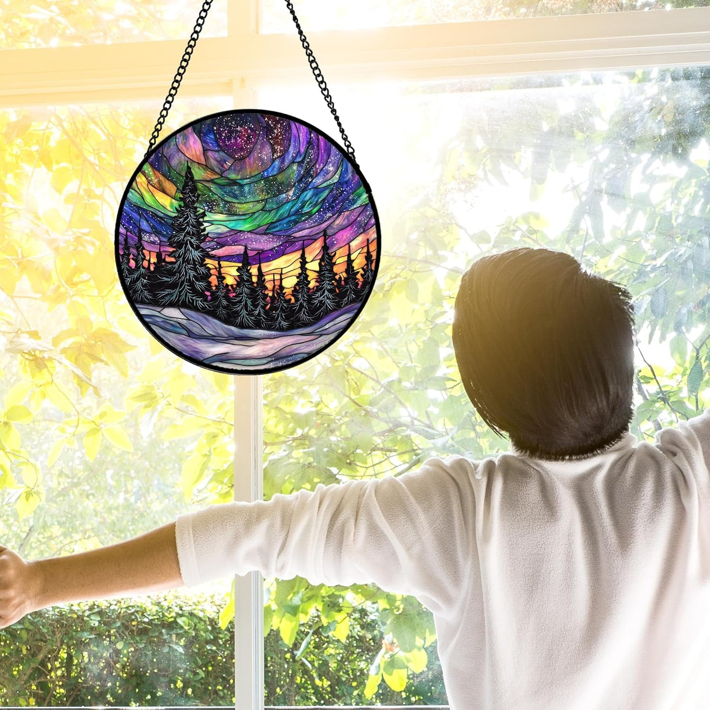 Stained Glass Window Hanging, Van Gogh Night Scene Sun Catchers Colorful Glass Panel Starry Sky Suncatcher Decor for Birthday for Women, Men, Wife, Aunt, and Mom 7.8 in