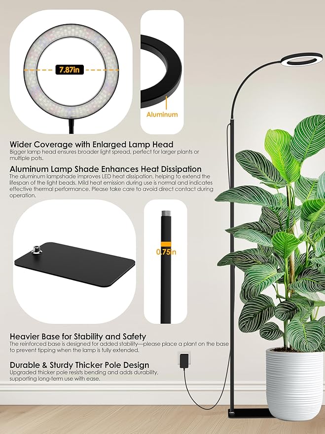 GLOWRIUM Grow Lights for Indoor Plants, 24W Full Spectrum LED Grow Light, Stepless Dimming,3 Lighting Mode and Adjustable Height, Plant Light with 3/9/12/16H Timer (Black, 24W)