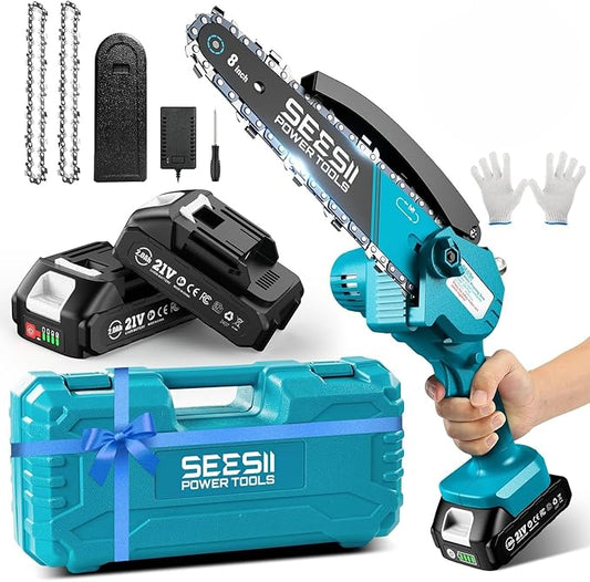 SEESII Mini Chainsaw 8 inch,Cordless Chainsaw w/ 2pcs 2000mAh Batteries,Oiler System & Replacement Chain,Handheld Chain Saw w/Safety Lock,Battery Powered Chain saw for Wood Tree Cutting,CH820+