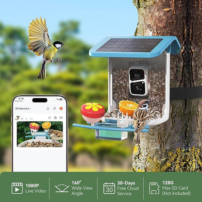 Smart Bird Feeder with Camera, Solar Bird Feeder - 2K HD Live Video Camera AI Identify Birds, Visible Window Auto Capture -Instant Arrival Alerts, Birds Lover Gifts (Blue)