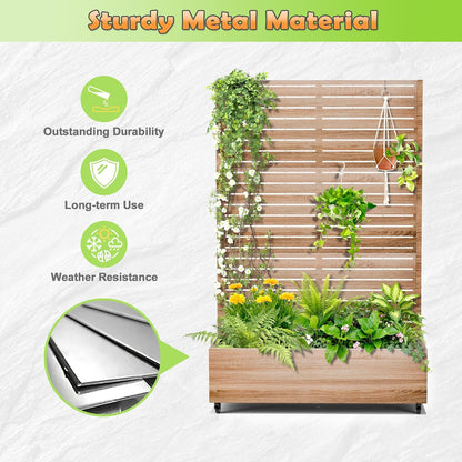 Metal Raised Garden Bed with Trellis, 2-in-1 Planter Box & Privacy Screen for Climbing Plants, Outdoor Standing Flower Bed with Drainage Holes, 47.2" L x 16.7" W x 70.8" H, Cut Oak Grain