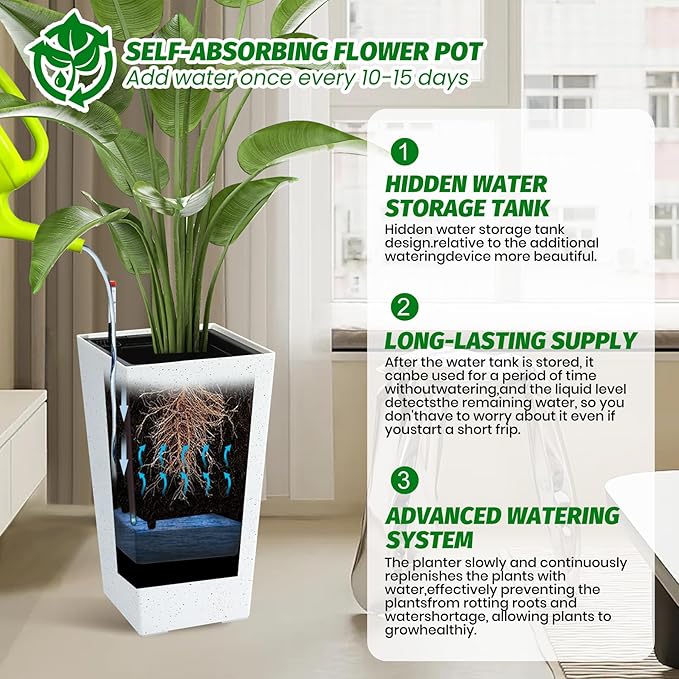 GarveeLife 22.5" Tall Planters Set of 2, Outdoor&Indoor Black Planter Pots, High Front Porch Planter Pots With Drainage Holes&Water Level Monitor&Inner Bucket, Automatic Watering, White and Black Dots