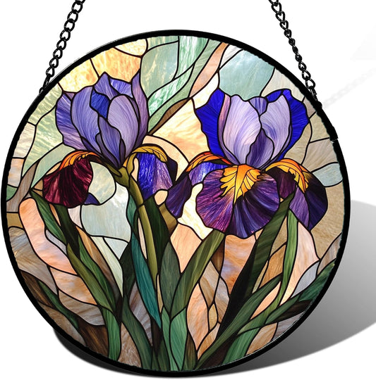 Stained Glass Window Hanging, Purple Blue Iris Birth Flower Suncatcher for Doors Garden Yard Sun Catchers Decor Christmas Mother's Day Birthday Gifts for Teacher Women Mom Nana Wife 7.8 in