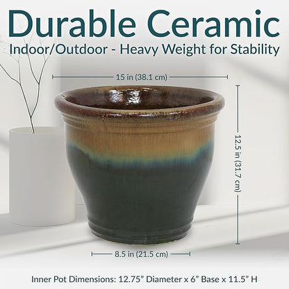 Sunnydaze Large Ceramic Plant Pot - Round Outdoor Glazed Ceramic Planter Pot with Drainage - Studio - Forest Lake Green - 14.5"