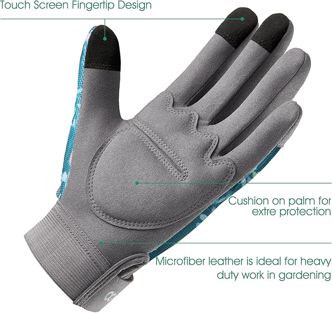 COOLJOB Medium Gardening Work Gloves for Women Ladies, Thorn Proof for Rose Pruning, Cactus Handling, Blackberry Bush Planting, Puncture Resistant Anti-Slip Flexible, 1 Pair M Green Flower