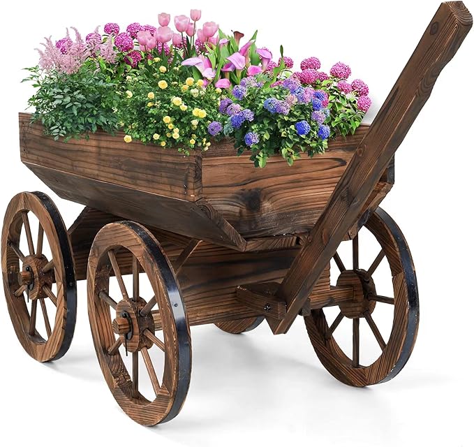 Wood Wagon Planter for Outdoor Balcony Decor - Garden Rustic Wooden Flower Cart with Wheels for Outside Garden Decor Wheelbarrow Planter for Patio