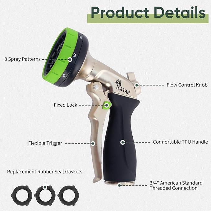 Garden Hose Nozzle,Metal Spray Nozzles with 8 Adjustable Watering Patterns,Heavy Duty Labor-Saving Design Water Hose Nozzle with Flow Control For Outdoors Lawn Watering Car Washing