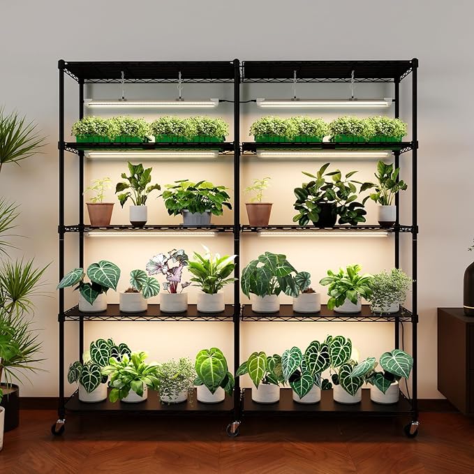 Bstrip 5-Tier Corner Plant Stand with Grow Lights, Large L-Shaped or Long Shape Indoor Plant Shelf, 8 Pack 192W T8 Full Spectrum Grow Lights for Indoor Plants & Seed Starting (58L x 13.8W x 59H)