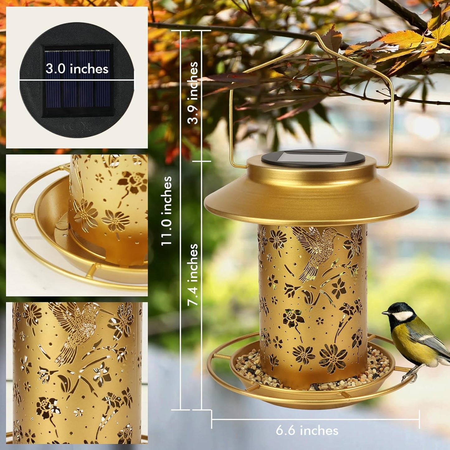 Solar Bird Feeders Outdoors Hanging - Metal Waterproof Outside Wild Bird Feeders Solar Garden Lantern Ideal Gift for Bird Lovers, Women and Mom, Decoration for Yard, Patio, Lawn