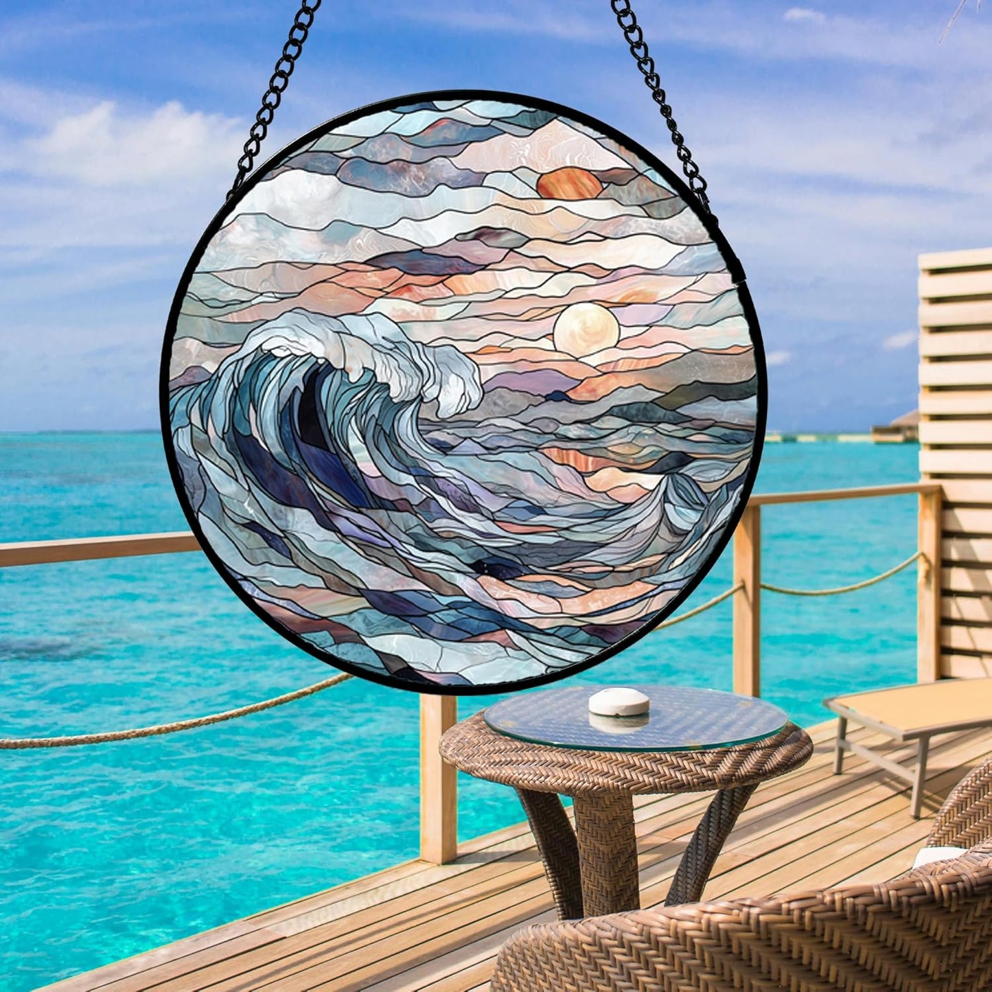 Stained Glass Window Hanging, Sunrise Waves Sun Catchers Diamond Glass Panel Hangings Abstract Suncatcher Decor for Birthday for Women, Men, Wife, Aunt, and Mom 14.9x14.9 in