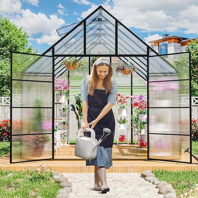 10x12 FT Greenhouse for Outdoor Large Heavy Duty Polycarbonate Greenhouses Aluminum Frame Walk-in Green House with 2 Windows Wider Door for Garden Plants Outside