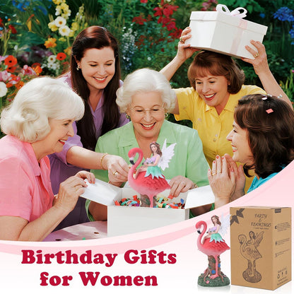 Solar Fairy & Flamingo Garden Decor Statue, Outdoor Funny Solar Light Decoration for Yard, Patio, Lawn, Unique Housewarming, Birthday Gift for Women, Mom, Grandma