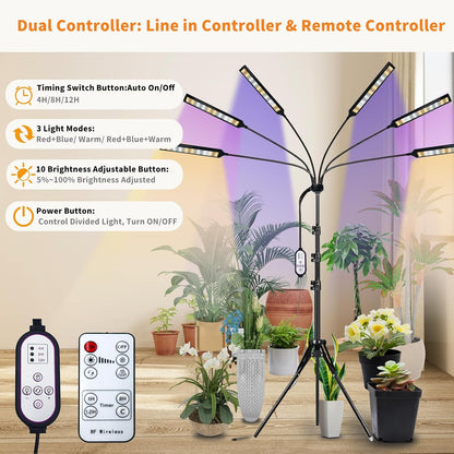 Grow Lights for Indoor Plants Full Spectrum, 6 Heads 342 LED Plant Light with Auto On/Off Timer, 10-Level Dimming & Adjustable Stand for Houseplants, Home Gardeners