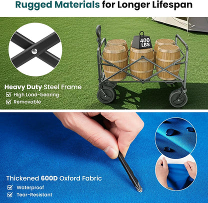 OLIXIS Wagon Cart, Heavy Duty 400 LBS Foldable Collapsible Large Wagons Carts with Wheels Smooth Maneuverability for All-Terrain, Suitable for Gardening, Camping, Beach - Blue