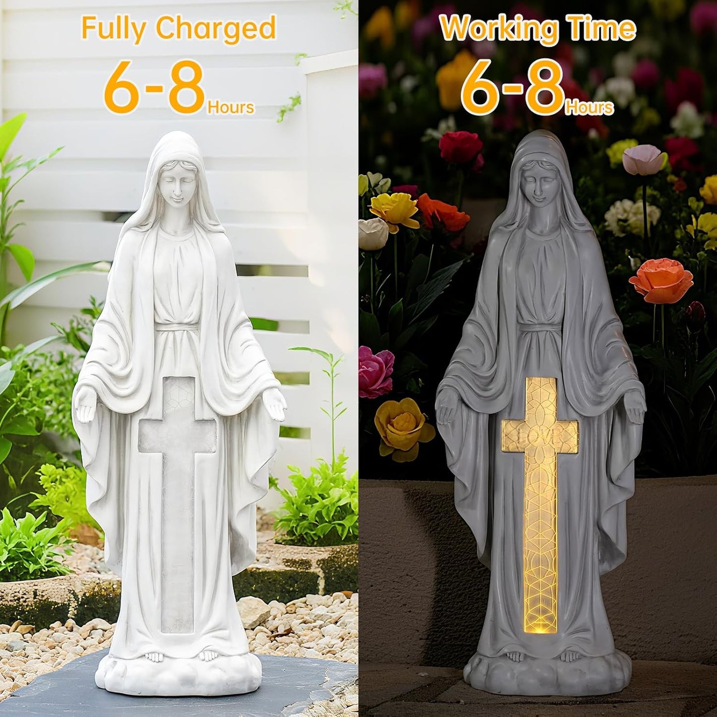 Solar Virgin Mary Praying Statue 27.9 Inch- Outdoor Religious Garden Decor with LED Lights, Weather-Resistant Magnesium Oxide Sculpture for Yard, Patio, Entryway （White Solar Virgin Mary）