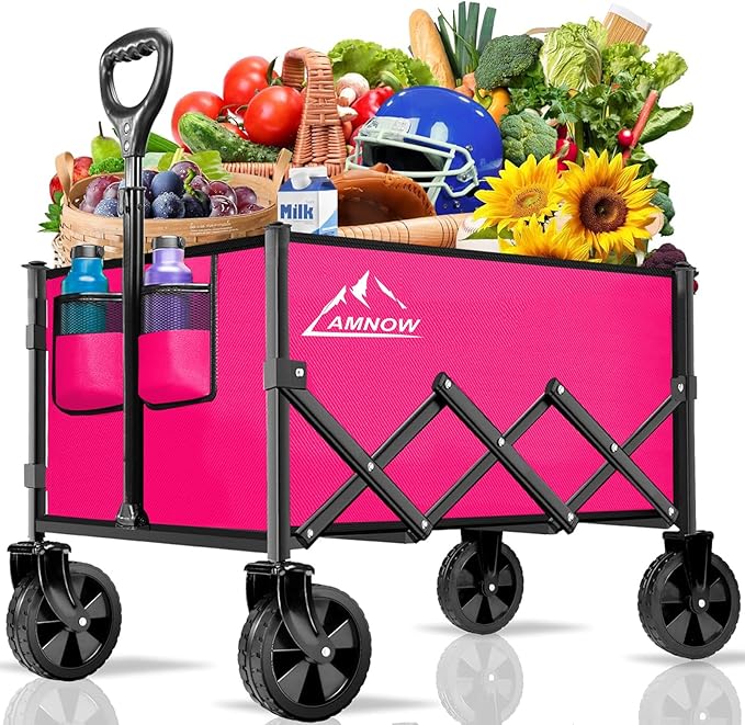 Collapsible Folding Wagon Cart, 350LBS Utility Large Capacity Cart Foldable Wagon with All Terrain Wheels, Grocery Wagons Carts for Garden Shopping Sports Camping, Rose