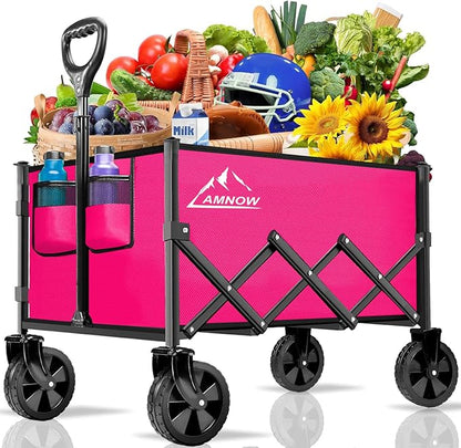 Collapsible Folding Wagon Cart, 350LBS Utility Large Capacity Cart Foldable Wagon with All Terrain Wheels, Grocery Wagons Carts for Garden Shopping Sports Camping, Rose