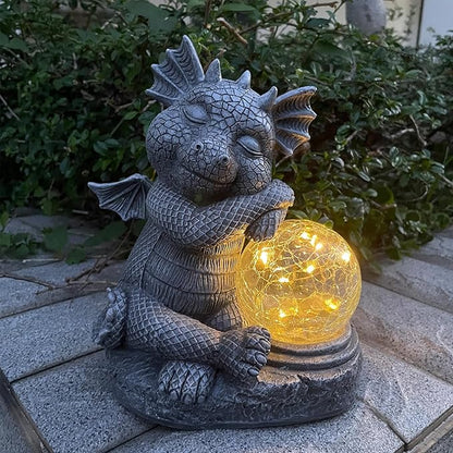 Garden Dragon Figurine Solar Powered Outdoor Cute Dragon with Hold Glowing Glass Ball Resin Sculpture for Porch Patio Lawn Farm Yard Home Decoration Gift for Women Housewarming