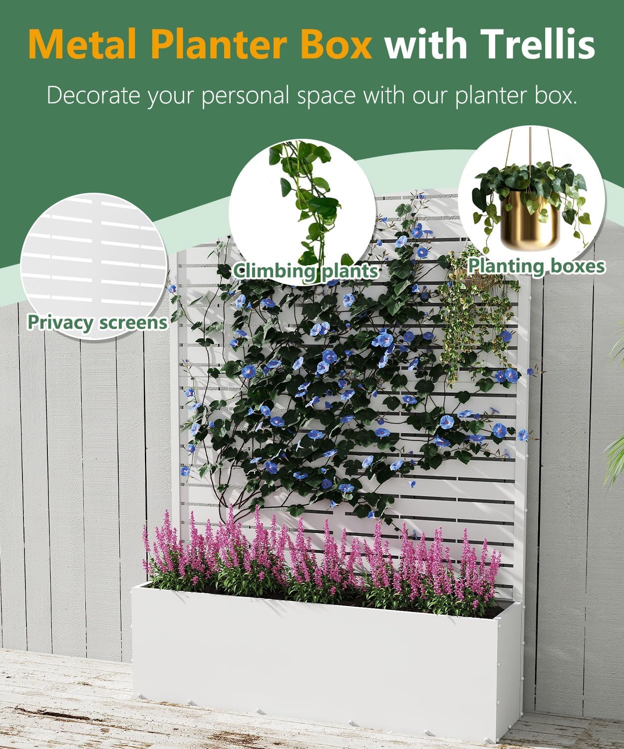 Metal Planter Box with Trellis,70.9"x47.2"x15.7" Raised Garden Bed with Drainage Holes, Privacy Planters for Outdoor Garden Bed for Climbing Plants,Vegetables,and Vines, White-louvered