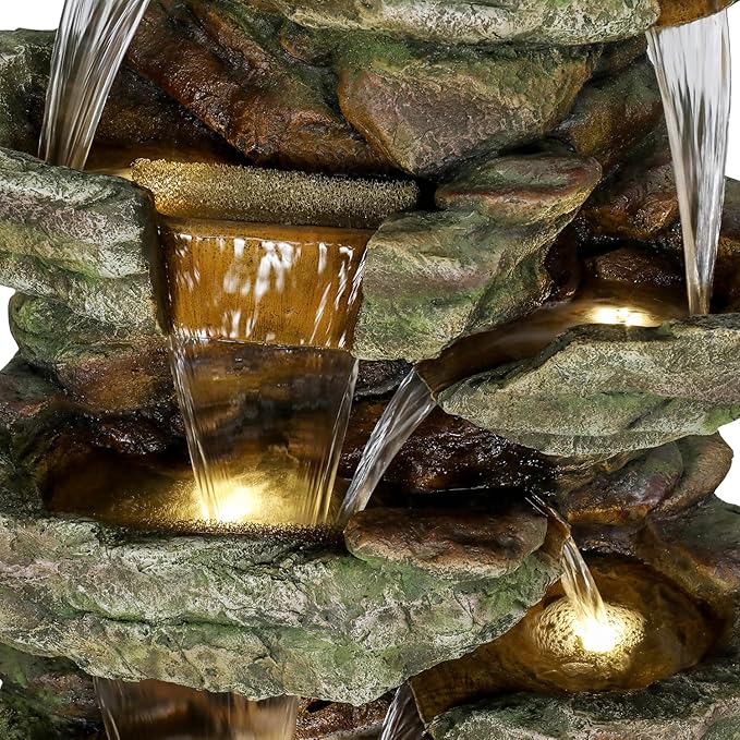 SunJet 59" High Multi-Tiers Cascading Rock Outdoor Water Fountain with LED Lights - Large Outdoor Fountains and Waterfalls for Garden or Patio, Yard, and Deck Decor, Featuring Natural Stone Look