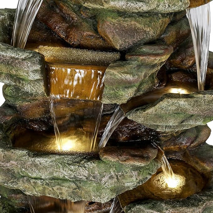 SunJet 59" High Multi-Tiers Cascading Rock Outdoor Water Fountain with LED Lights - Large Outdoor Fountains and Waterfalls for Garden or Patio, Yard, and Deck Decor, Featuring Natural Stone Look