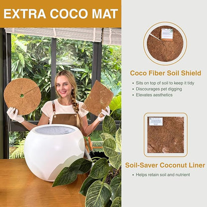 9.7" H x 12" D Globo Fiberstone Round Planter with Drainage Hole, Weather Resistant, Planters for Indoor Plants & Outdoor, 2 Extra Coco Mats (Kilim Beige, 7.8" Pot Opening)