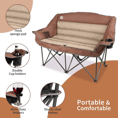 Northroad Folding Loveseat Camping Chair Portable Double Duo Full Padded Garden Chair for 2 Person Sofa w/Cup Holder,Wine Glass Holder,Mesh Storage,Support 600lbs for Picnic Beach Travel, Moca