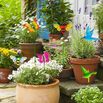 Juegoal 6 Pack Metal Yard Stakes Spring Decor, Outdoor Metal Colorful Butterfly Hummingbird & Bee Shaking Head Yard Art, Rust Proof Metal Plant Sticks for Yard Lawn Pathway Patio Ornaments