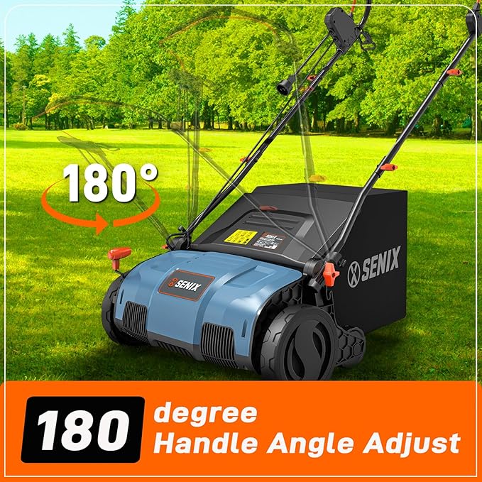 SENIX 13 Amp 15-Inch 2-in-1 Electric Dethatcher and Scarifier with 13.2-Gal Collection Bag,4-Position Depth Adjustment,Walk Behind for Lawn Garden Care Removing Thatch,Quick-Fold(SCE13-M)