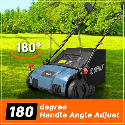 SENIX 13 Amp 15-Inch 2-in-1 Electric Dethatcher and Scarifier with 13.2-Gal Collection Bag,4-Position Depth Adjustment,Walk Behind for Lawn Garden Care Removing Thatch,Quick-Fold(SCE13-M)