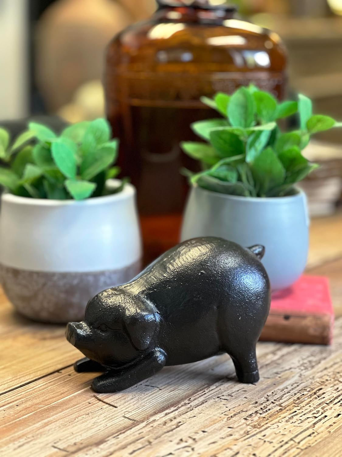 NACH Cast Iron Pig Statue - Rustic Garden Sculpture, Black Door Stop/Paperweight, Head Down Pig, JS-90-7152