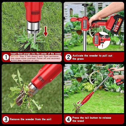 Electric Weed Puller Tool - 3 Claw Steel Head Stand Up Long Handle Weed Puller With 2 x 4.0Ah Battery & Charger & Small Shovel Versatile Garden Tools For Dandelion Lawn Flower Beds Yard