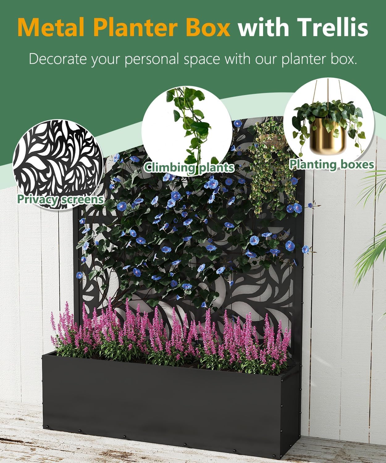 Metal Planter Box with Trellis,70.9"x47.2"x15.7" Raised Garden Bed with Drainage Holes, Privacy Planters for Outdoor Garden Bed for Climbing Plants,Vegetables,and Vines, Black-Flower