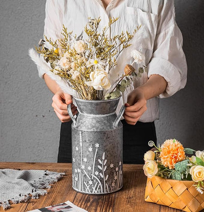 Vintage Galvanized Metal Milk Can, Farmhouse Rustic Flower Pitcher Vase, Decorative Floral Milk Jug Vase for Home Décor, 10.8’’H