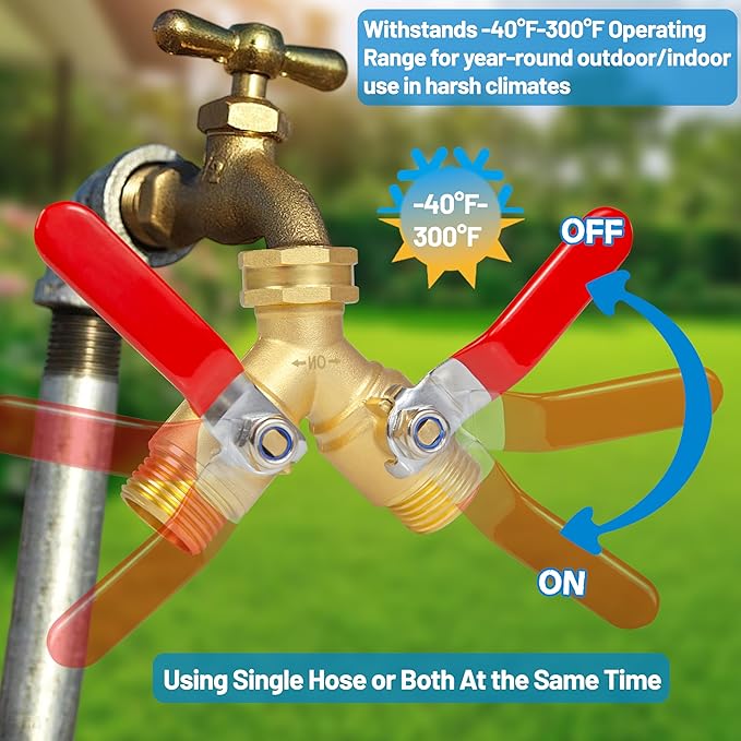 Hose Splitter 2 Way Heavy Duty, Upgrade Full Flow Brass Garden Hose Splitter Connector, Outdoor Water Spigot Splitter with Long Handle, Y Valve 3/4 Inch GHT Thread