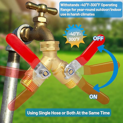 Hose Splitter 2 Way Heavy Duty, Upgrade Full Flow Brass Garden Hose Splitter Connector, Outdoor Water Spigot Splitter with Long Handle, Y Valve 3/4 Inch GHT Thread
