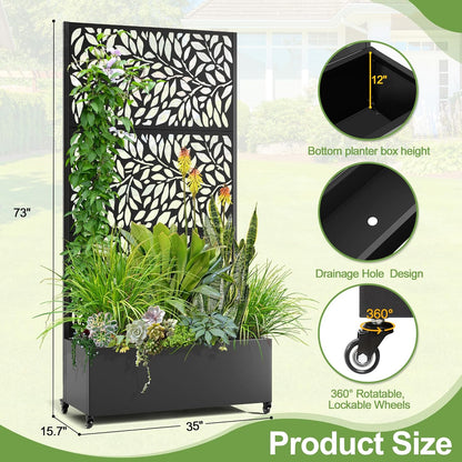 Raised Garden Bed with Trellis and Wheels,73"x35"x16" Metal Raised Garden Bed,Black Flowing Leaf-2 Metal Planter with Climbing Trellis for Vines & Vegetables