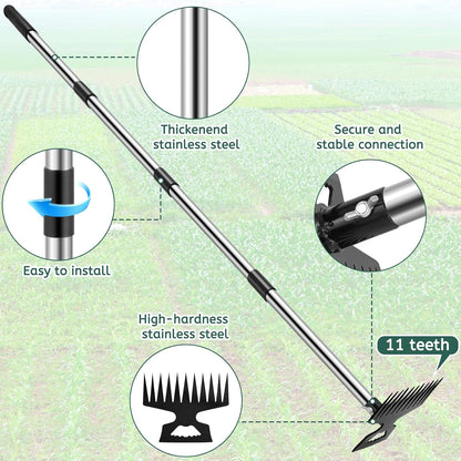 Weed Puller Tool with Long Handle, 2 in 1 Manual Weed Rake and Garden Hoe, 11 Tooth Weed Remover Tool, Hoe Garden Tool, Uprooting Weeding Tool for Yard, Lawn, Patio and Garden