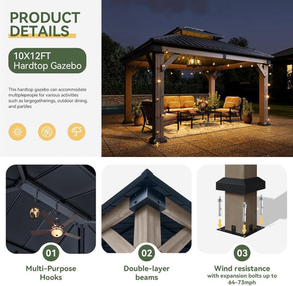 Aoxun 10' x 12' Outdoor Wood Gazebo, Hardtop Gazebo Permanent Wooden Pavilion with Galvanized Steel Double Roof, and LED Outdoor Waterproof Hanging Lights, for Patio, Garden, Deck, Cedar Wood