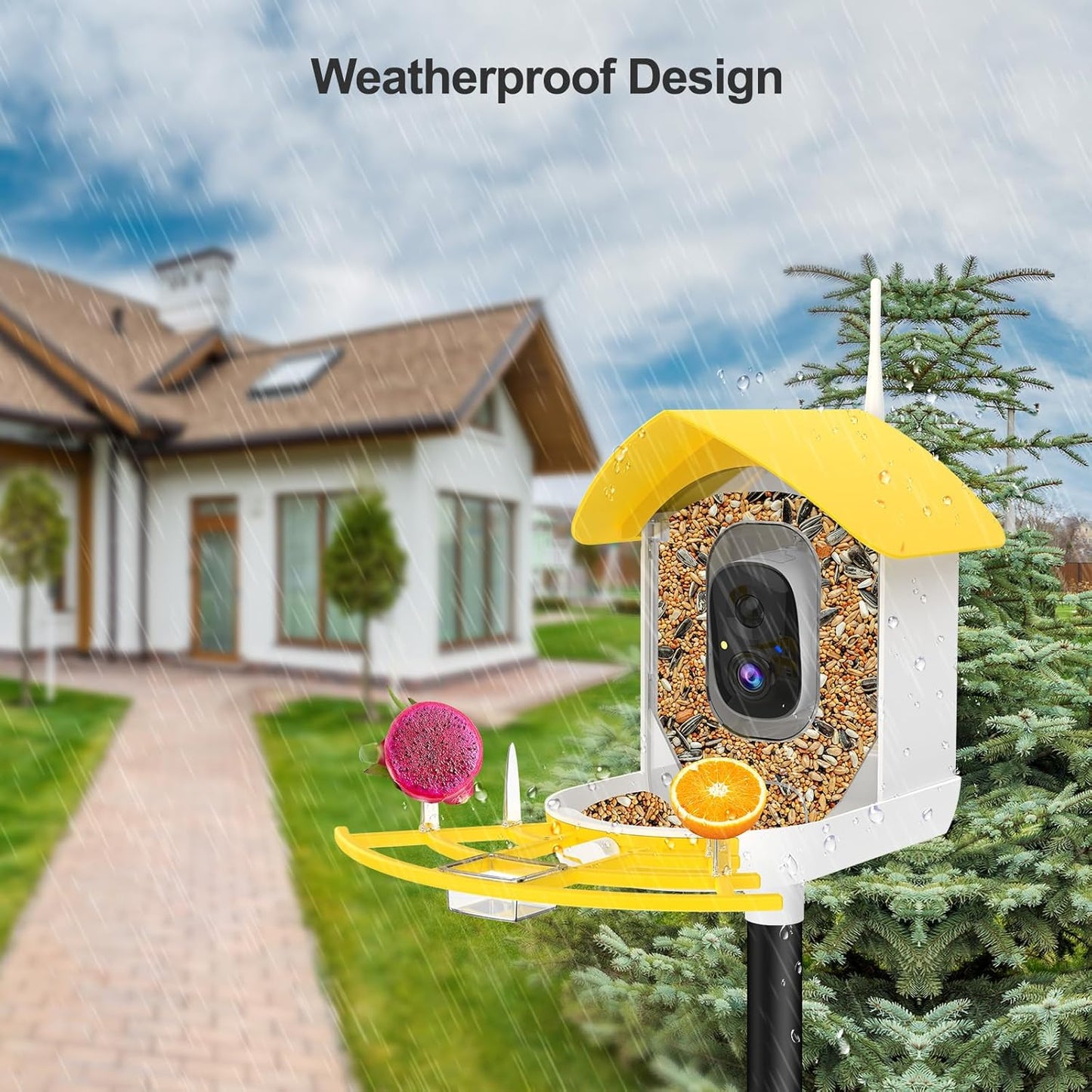 Smart Bird Feeder with Camera, Birds AI Identify, Motion Detection with Real-Time Notice, WiFi FHD Bird Camera, Auto Capture, Solar Powered Outdoor Charging Bird House, IP65 Waterproof,Yellow