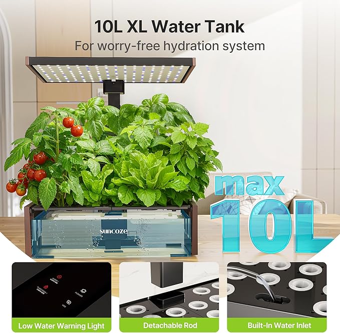 SUNCOZE Hydroponics Growing System Kit, 20 Pods Indoor Herb Garden with 10L Water Tank & Adjustable Height 25", 36W LED Grow Light, LCD Display with Veg/Flower Modes, Pump & Low Water Reminder, Black